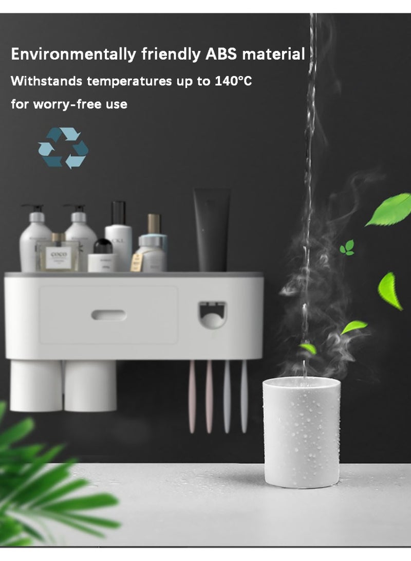 Flushrenic Toothbrush holder, drill-free wall-mounted toothbrush holder with automatic toothpaste dispenser. Bathroom storage rack features: 4 brush head hooks, 3 magnetic cups, 1 cosmetic drawer organiser and ample storage space (includes 1 dispenser, 3 cups). White. - Image 4