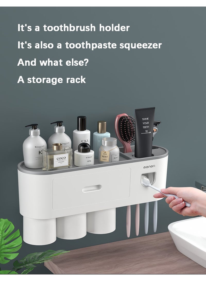 Flushrenic Toothbrush holder, drill-free wall-mounted toothbrush holder with automatic toothpaste dispenser. Bathroom storage rack features: 4 brush head hooks, 3 magnetic cups, 1 cosmetic drawer organiser and ample storage space (includes 1 dispenser, 3 cups). White. - Image 5