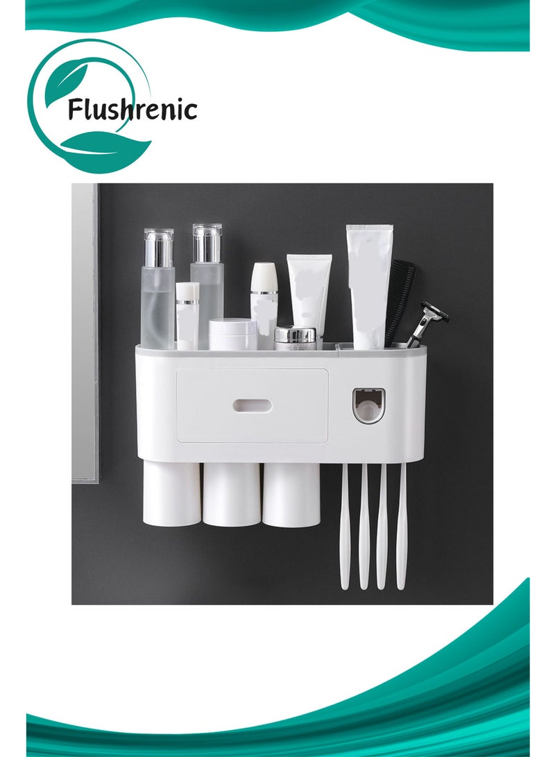 Flushrenic Toothbrush holder, drill-free wall-mounted toothbrush holder with automatic toothpaste dispenser. Bathroom storage rack features: 4 brush head hooks, 3 magnetic cups, 1 cosmetic drawer organiser and ample storage space (includes 1 dispenser, 3 cups). White. - Image 1