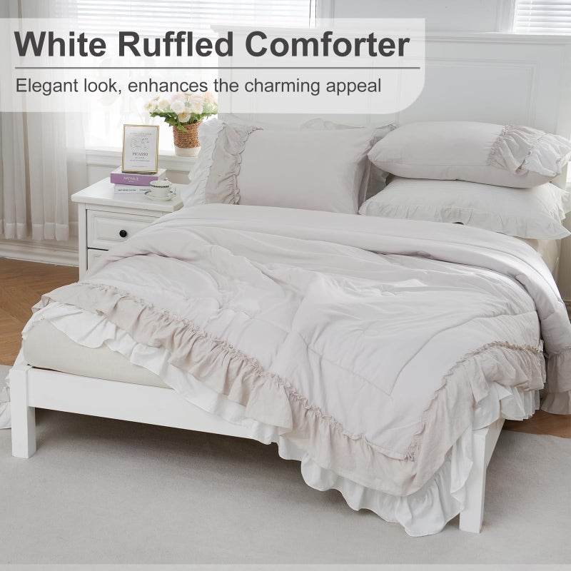 Bedding_Dreamer Boho Comfrter Set King Size Beige Bedding Set Shabby Chic Down Comforter 2 Layers Ruffles Home Decor Farmhouse Quilt Set Ultra Soft Microfiber White Cream Bohemian Bed Set for Girls Women - Image 3