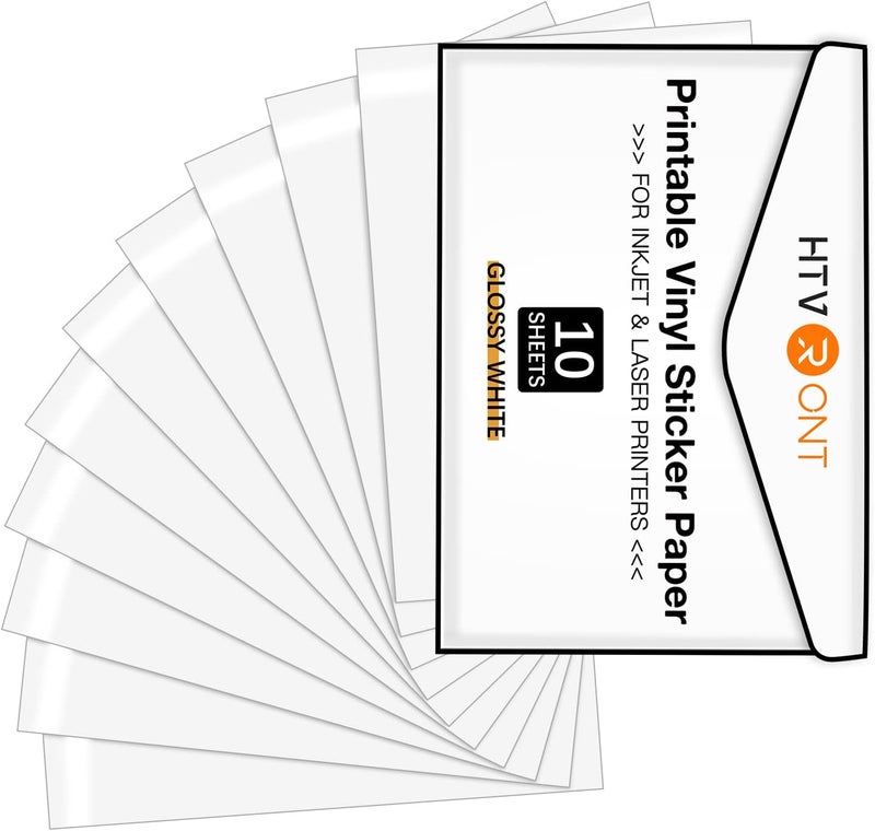 HTVRONT Printable Vinyl for Inkjet & Laser Printer - 10 Sheets Glossy White Printable Vinyl Sticker Paper Vivid Color Dries Quickly, 8.5"x11" Tear Resistant Printer Sticker Paper - Image 1