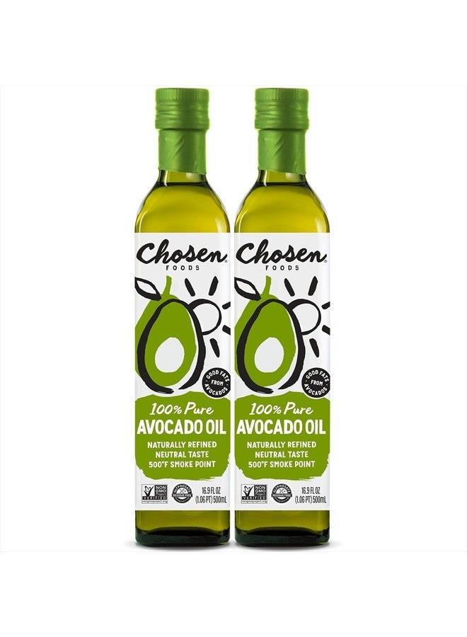 Chosen FOODS 100% Pure Avocado Oil 16.9 oz. (2 Pack), Non-GMO for High-Heat Cooking, Frying, Baking, Homemade Sauces, Dressings and Marinades 