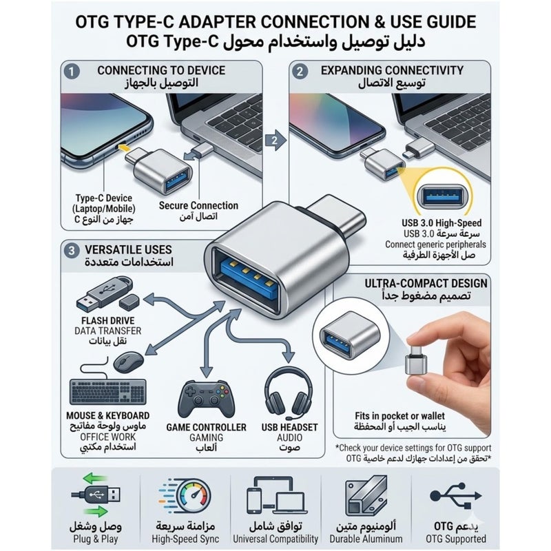 USB-C to USB 3.0 Adapter, OTG Type-C Male to USB Female Converter for Samsung MacBook & All Type-C Device, Silver Metal Connector for Flash Drive Mobile Accessories (2) - Image 2
