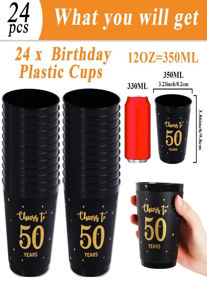 Tevxj 24 Pcs 50th Birthday Plastic Cups Cheers to 50 Years Birthday Reusable Plastic Tumblers Party Supplies Black and Gold Party Plastic Drinking Cups 12oz for Men Women Wedding Anniversary Party Favors - Image 2