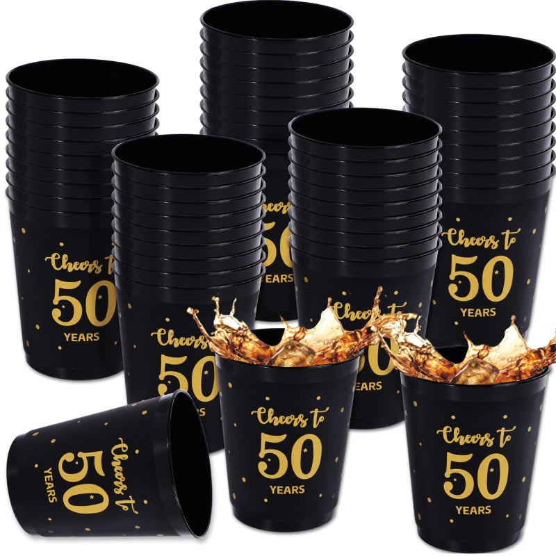 Tevxj 24 Pcs 50th Birthday Plastic Cups Cheers to 50 Years Birthday Reusable Plastic Tumblers Party Supplies Black and Gold Party Plastic Drinking Cups 12oz for Men Women Wedding Anniversary Party Favors - Image 1