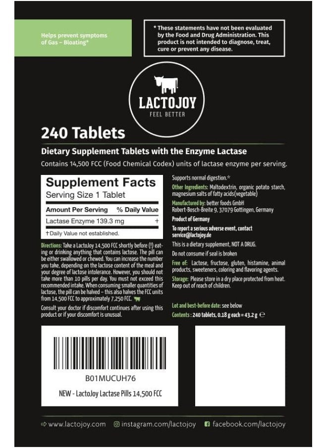 Lactojoy - Lactase Pills I 240 Pieces Refill Package I Powerful Lactase Enzymes For Lactose Intolerance I Ultra Pure Lactase For Improved Digestion I 100% Vegan - Image 1