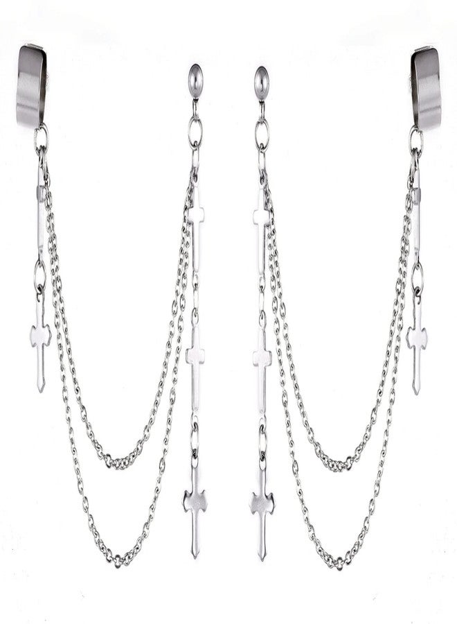 Buildcon 2 Pcs Ear Cuffs Earrings Stylish, Punk Double Cross Ear Chain for Women, Fashionable Ear Cuff Without Piercing,Set for Weddings, Parties,Earcuffs for Women, 11x14cm Alloy - Image 1