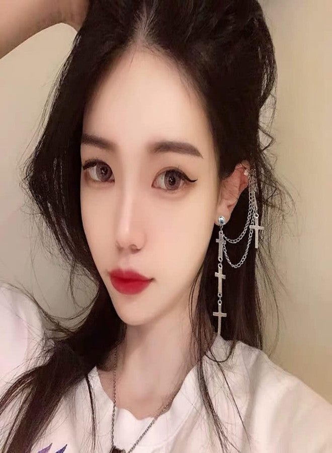 Buildcon 2 Pcs Ear Cuffs Earrings Stylish, Punk Double Cross Ear Chain for Women, Fashionable Ear Cuff Without Piercing,Set for Weddings, Parties,Earcuffs for Women, 11x14cm Alloy - Image 4