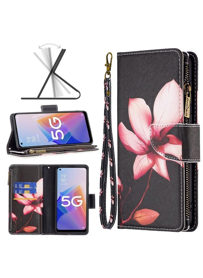 HuHa Case Cover For OPPO A96 5G Colored Drawing Pattern Zipper Leather Phone Case(Lotus)  - Image 1