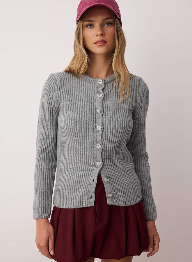trendyol Gray More Sustainable Fitted/Slim Fit Basic Ribbed Knitwear Cardigan - Image 1