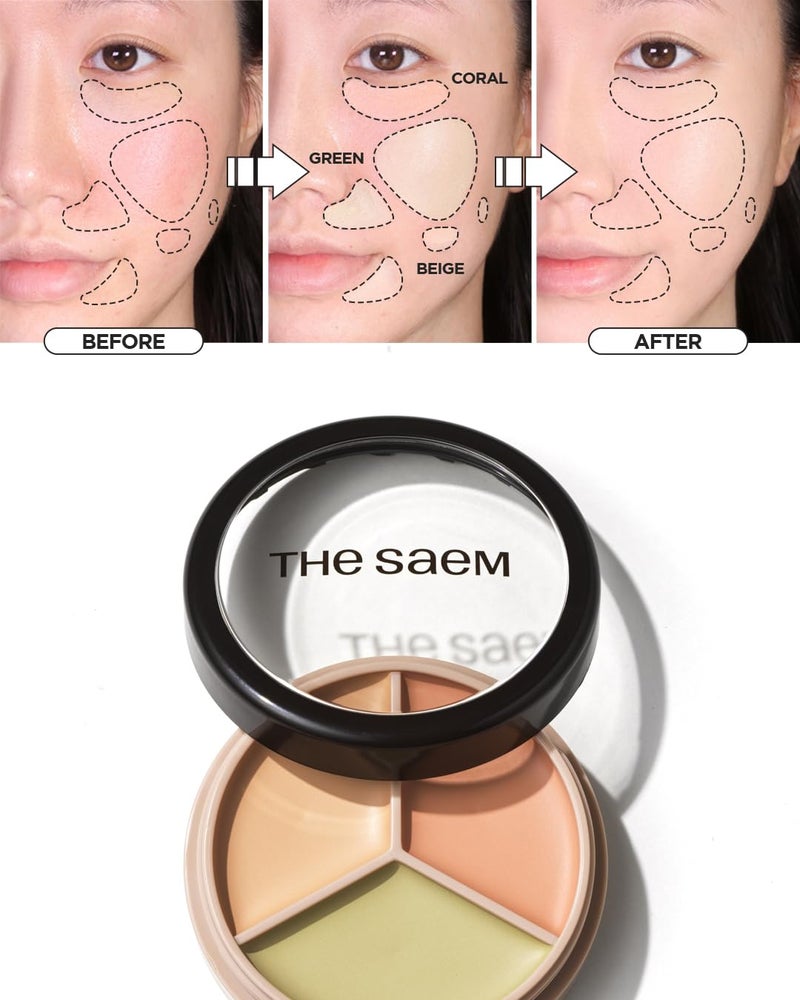 THESAEM Cover Perfection Triple Pot Concealer - 01 Correct Beige for Red Tone & Dark Circles - 3-Color Multi Concealer Palette for Skin Tones 21-23 - Korean Makeup with Sweet Almond Oil & Herbal Water - Image 3