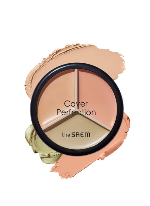 THE SAEM Cover Perfection Triple Pot Concealer - 3 Color Concealer with Clear Beige, Green & Peach Shades - Full Coverage Concealer to Correct & Conceal Redness, Dark Circles, 01 Correct Beige