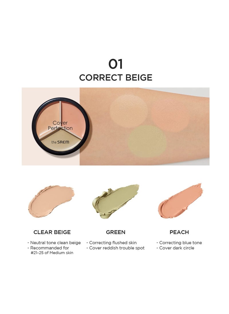 THESAEM - THE SAEM Cover Perfection Triple Pot Concealer - 3 Color Concealer with Clear Beige, Green & Peach Shades - Full Coverage Concealer to Correct & Conceal Redness, Dark Circles, 01 Correct Beige - Image 1