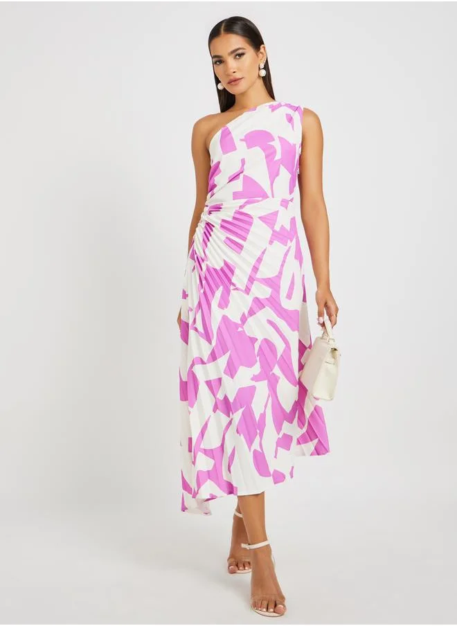 ستايلي Styli Abstract Print One-Shoulder Neck Pleated A-Line Midi Dress