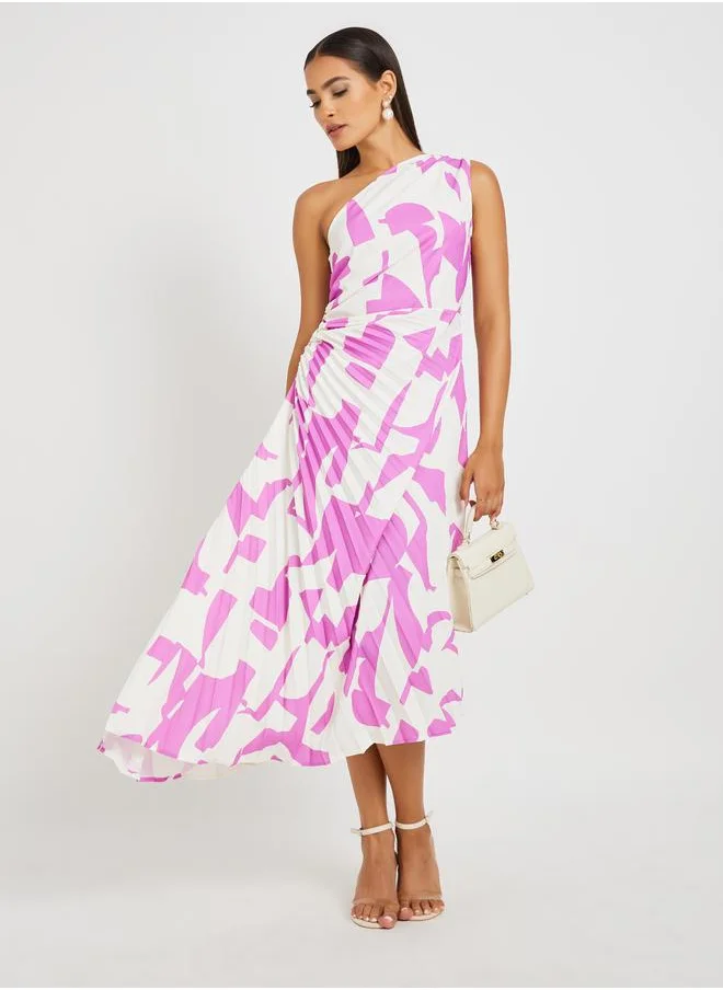 ستايلي Styli Abstract Print One-Shoulder Neck Pleated A-Line Midi Dress