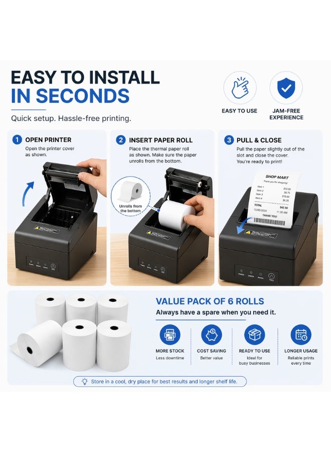 POS Thermal Paper Rolls 80x80mm Pack of 6 – Receipt Printer Paper for Cash Register & POS Machines, BPA Free Thermal Rolls for Billing & ATM Use - Image 5