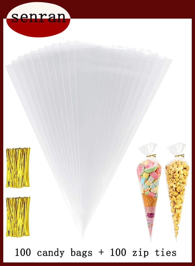 OPP Triangular Food Baking Bags with Twist Ties - Transparent Cellophane Packaging for Ice Cream Cones, Chocolates, Popcorn, Candies & Party Gifts - Image 1