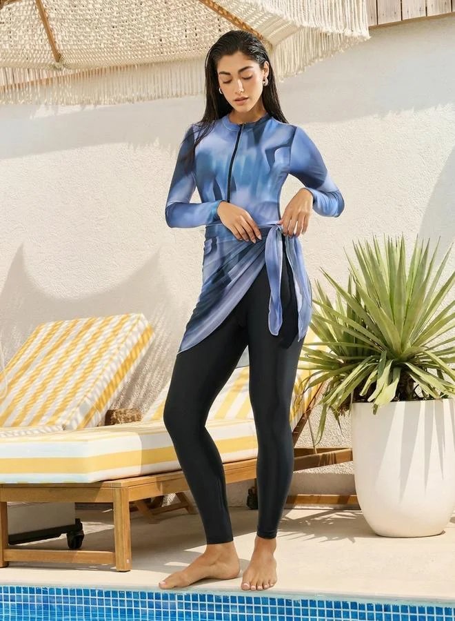 Styli Blue Pack of 2 - Marble Print One Piece Burkini and Chiffon Wrap Skirt for Women | Best Price UAE