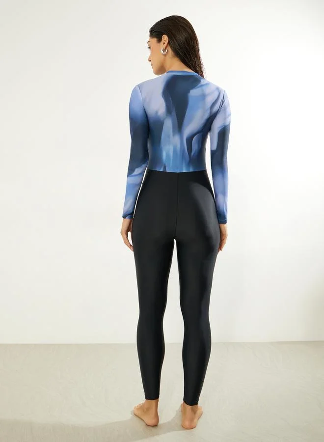 Styli Blue Pack of 2 - Marble Print One Piece Burkini and Chiffon Wrap Skirt for Women | Best Price UAE