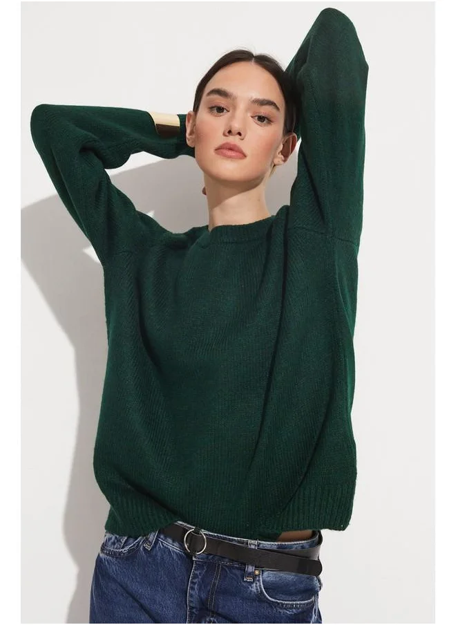 جون June Crew Neck Basic Sweater Emerald