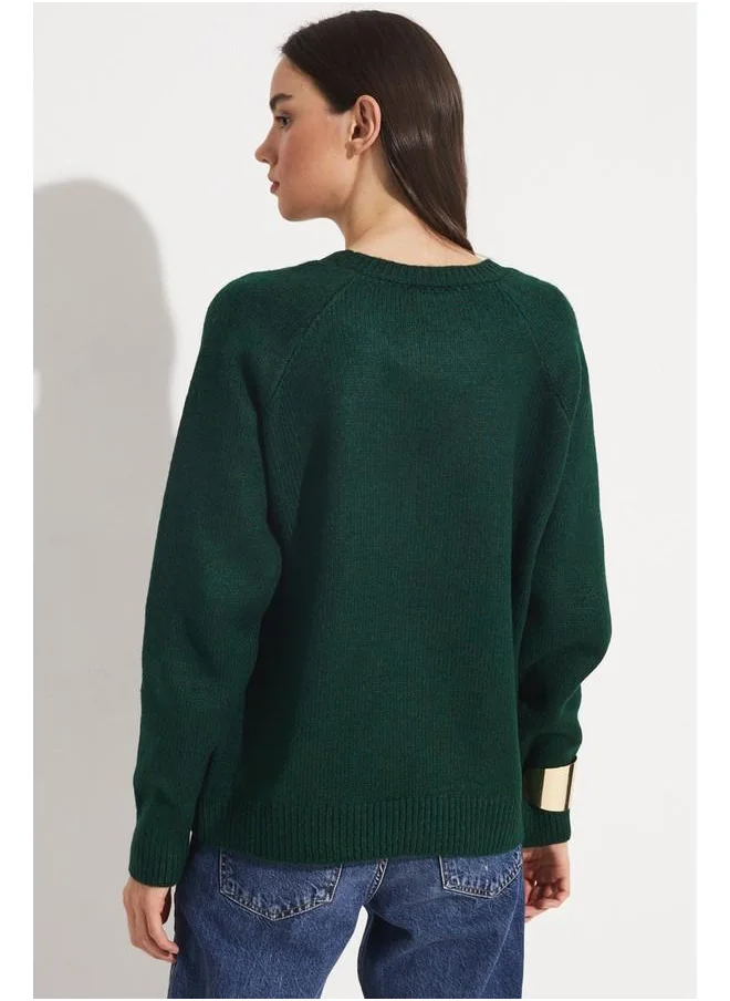 جون June Crew Neck Basic Sweater Emerald