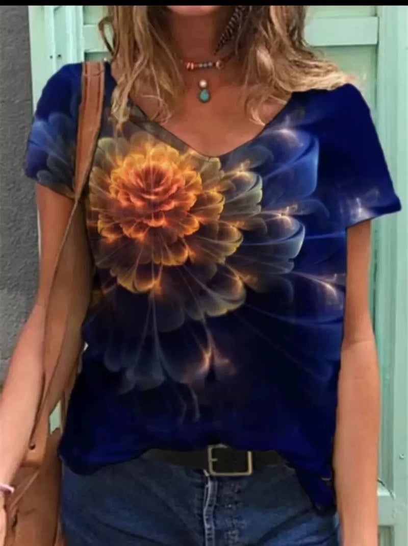 2021 New Summer Popular Floral Printing T-Shirt Women'S Short Sleeve V-Neck T-Shirt - Image 1