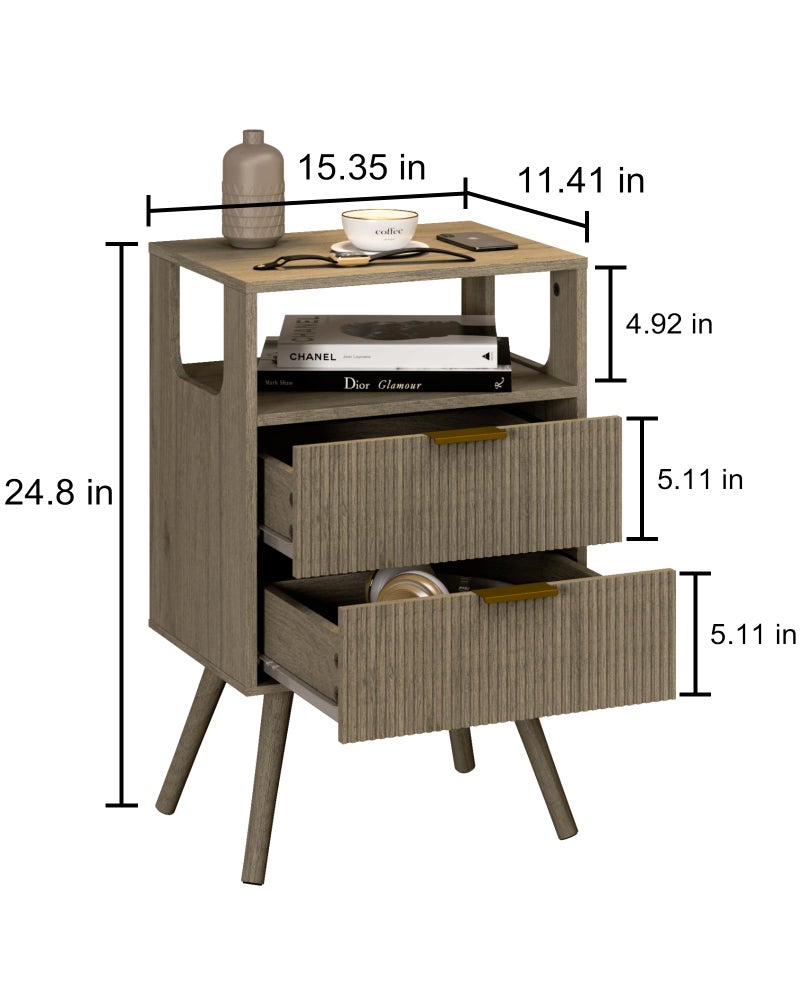 Leomonio Grey Nightstand,Modern Bedside Table with 2 Storage Drawer and Open Wood Shelf, for Bedroom and Small Spaces,Night Stand with Solid Wood Legs,Grey Oak - Image 3