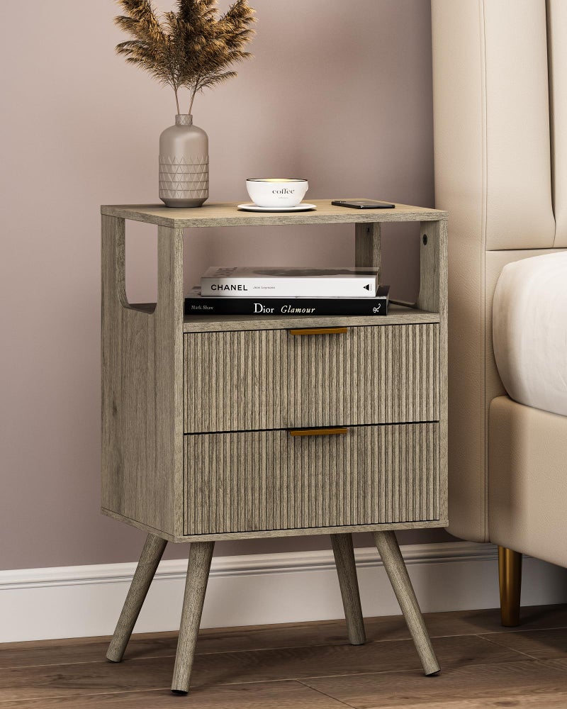 Leomonio Grey Nightstand,Modern Bedside Table with 2 Storage Drawer and Open Wood Shelf, for Bedroom and Small Spaces,Night Stand with Solid Wood Legs,Grey Oak - Image 1