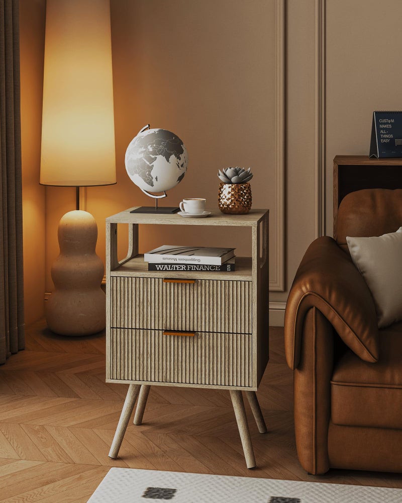 Leomonio Grey Nightstand,Modern Bedside Table with 2 Storage Drawer and Open Wood Shelf, for Bedroom and Small Spaces,Night Stand with Solid Wood Legs,Grey Oak - Image 5