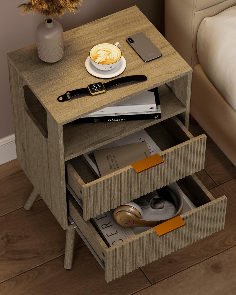 Leomonio Grey Nightstand,Modern Bedside Table with 2 Storage Drawer and Open Wood Shelf, for Bedroom and Small Spaces,Night Stand with Solid Wood Legs,Grey Oak - Image 4