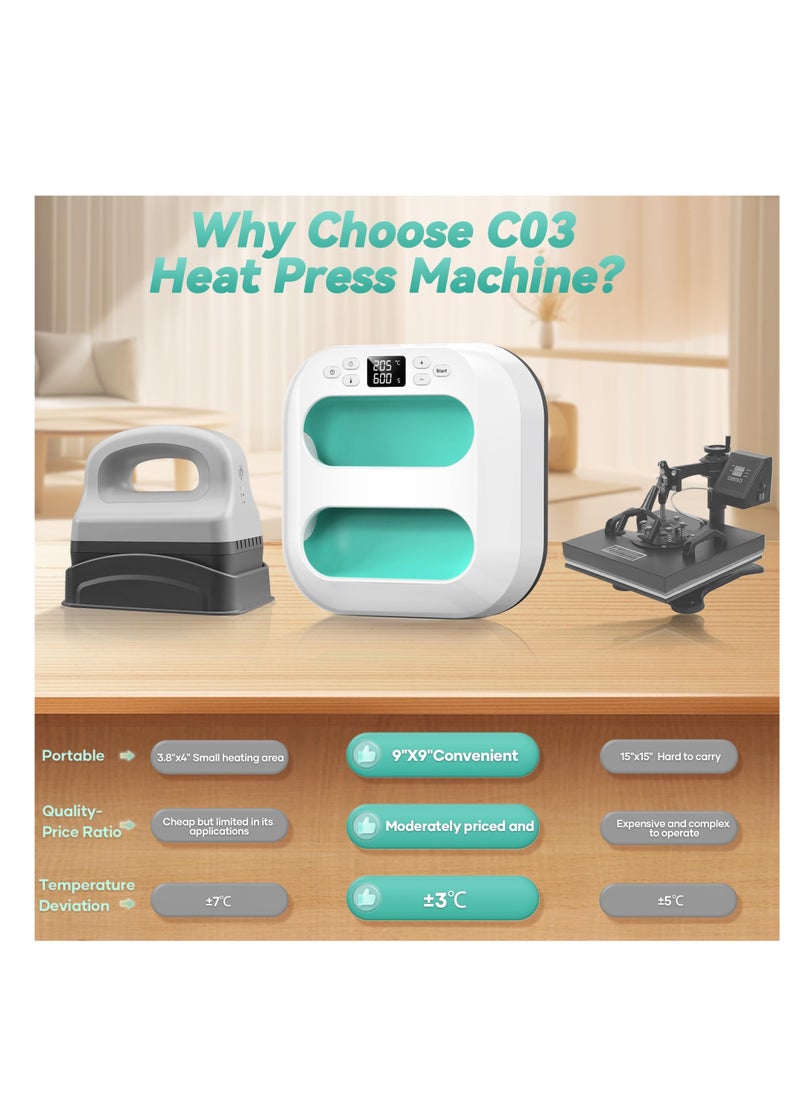 SYOSI - Mini Heat Press Machine, Portable Heat Press Machine Easy to Use for T Shirts Shoes Hats Small Handheld HTV Iron, 9"X9" Shirt Press Machine with Precise Temperature Control (Green) - Image 1