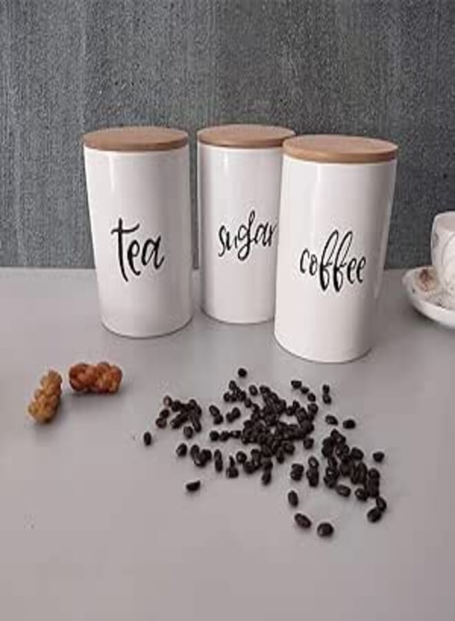 Generic Modern Kitchen Storage Canisters Set, White Porcelain Tea Coffee Sugar Containers with Wooden Lids, 3-Piece Pantry Organization .abo