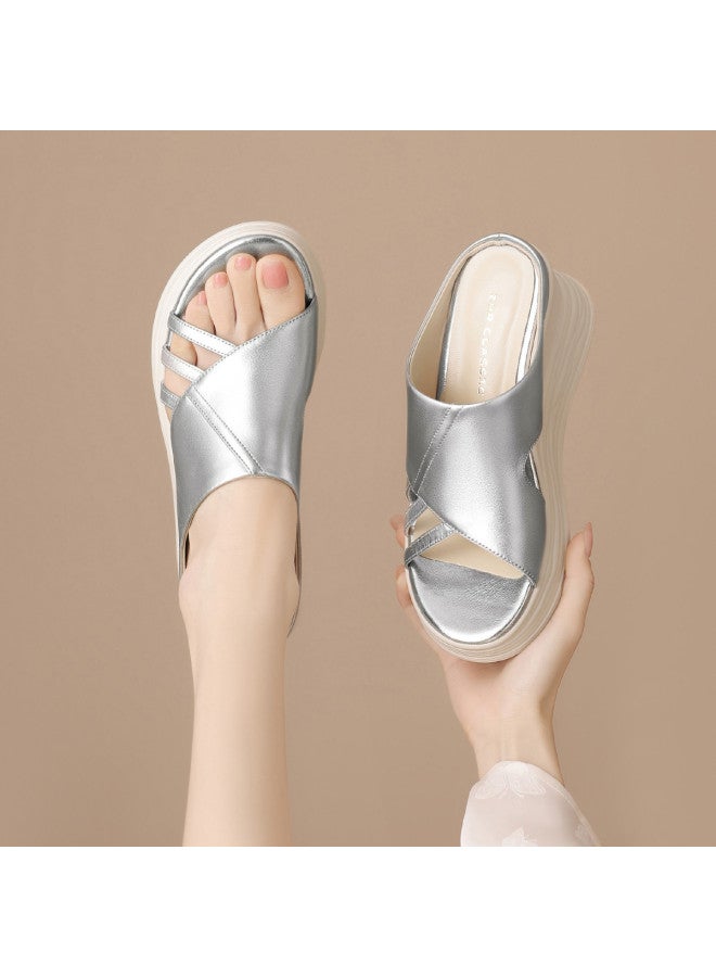 ZHR Top Grain Leather】cut-out Wedge Sandals Breathable Platform Slippers For Women, Summer Outdoor Wear With Height Increase And Slimming Effect - Image 3