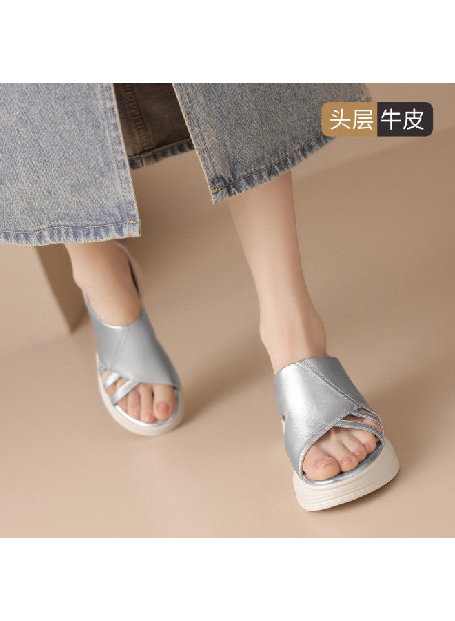 ZHR Top Grain Leather】cut-out Wedge Sandals Breathable Platform Slippers For Women, Summer Outdoor Wear With Height Increase And Slimming Effect - Image 2