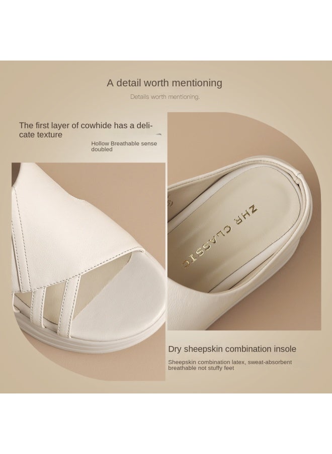 ZHR Top Grain Leather】cut-out Wedge Sandals Breathable Platform Slippers For Women, Summer Outdoor Wear With Height Increase And Slimming Effect - Image 5