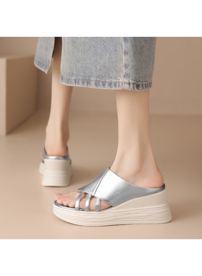 ZHR Top Grain Leather】cut-out Wedge Sandals Breathable Platform Slippers For Women, Summer Outdoor Wear With Height Increase And Slimming Effect - Image 4