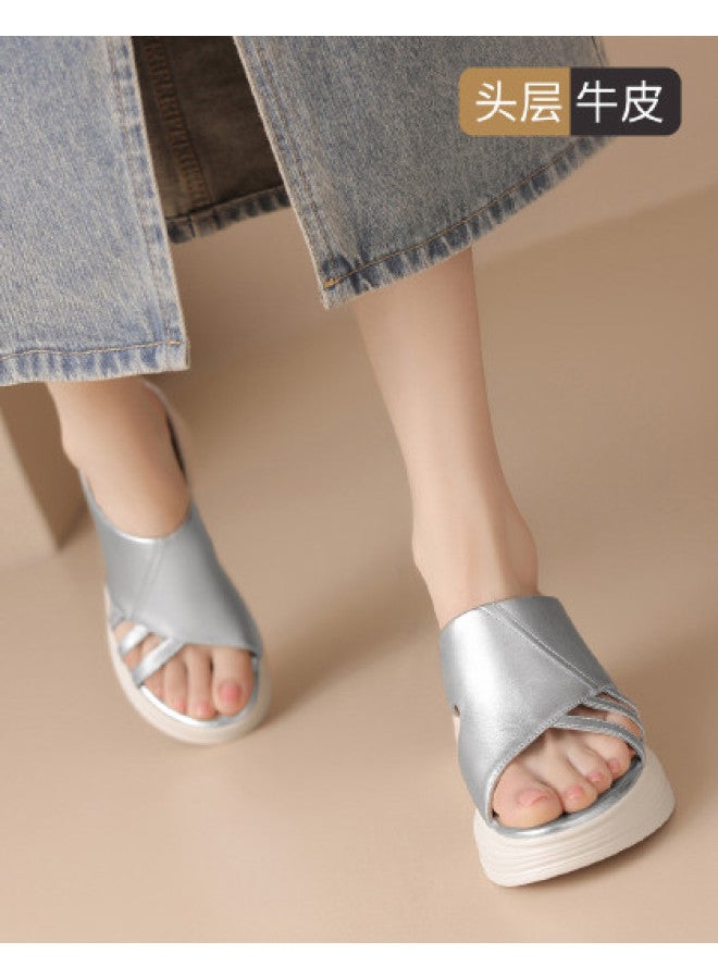 ZHR Top Grain Leather】cut-out Wedge Sandals Breathable Platform Slippers For Women, Summer Outdoor Wear With Height Increase And Slimming Effect - Image 1