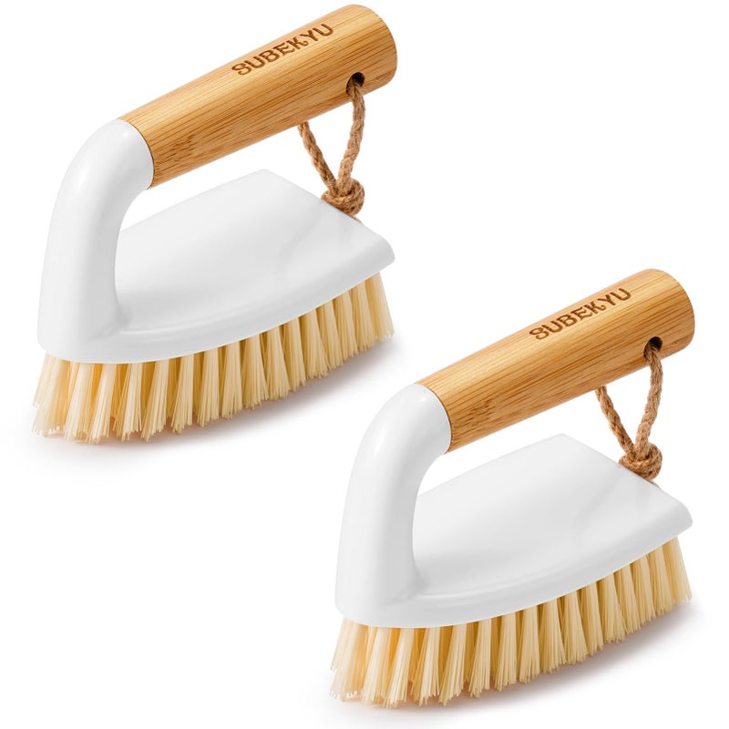 SUBEKYU Scrub Brush Cleaning Brushes with Handle for Household Use Heavy Duty Scrub Brushes for Cleaning Bathroom Shower Toilet Bathtub Tile Floor Carpet White 2P
