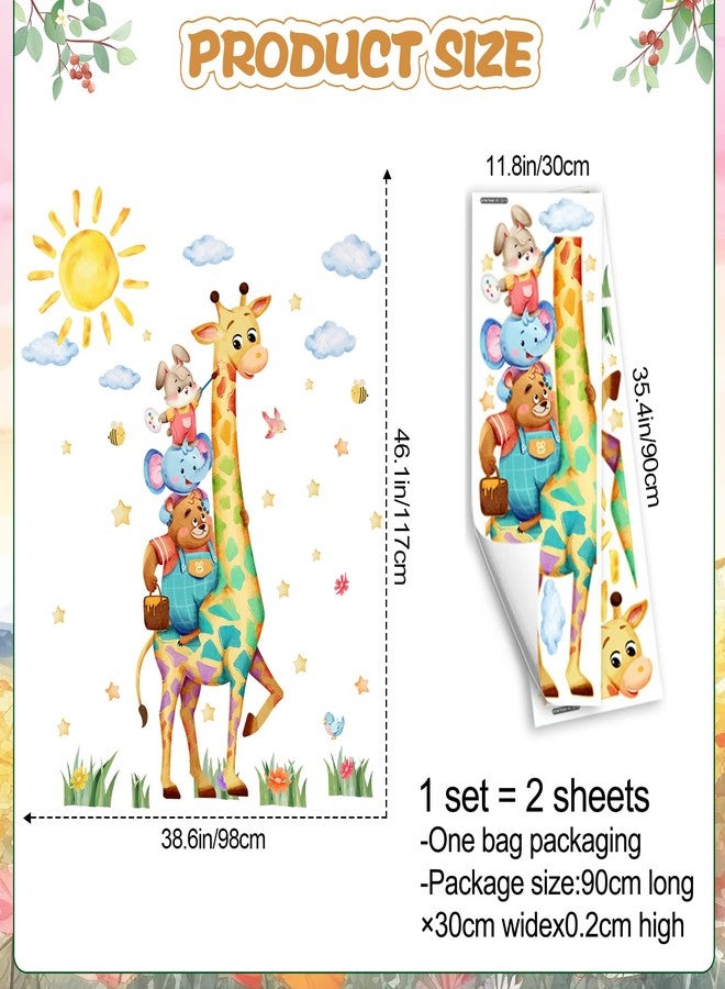 DRWSSR 2 Sheets Removable Large Watercolor Giraffe Wall Decals DIY Funny Cartoon Animal Wall Decals Peel and Stick Sun Clouds and Plants Art for Baby Nursery Playroom Bedroom Classroom Decor - Image 2