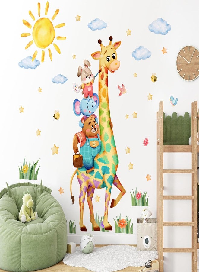 DRWSSR 2 Sheets Removable Large Watercolor Giraffe Wall Decals DIY Funny Cartoon Animal Wall Decals Peel and Stick Sun Clouds and Plants Art for Baby Nursery Playroom Bedroom Classroom Decor - Image 1