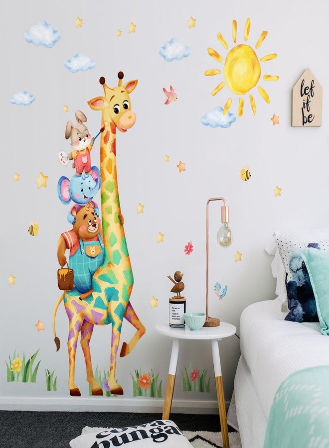 DRWSSR 2 Sheets Removable Large Watercolor Giraffe Wall Decals DIY Funny Cartoon Animal Wall Decals Peel and Stick Sun Clouds and Plants Art for Baby Nursery Playroom Bedroom Classroom Decor - Image 4