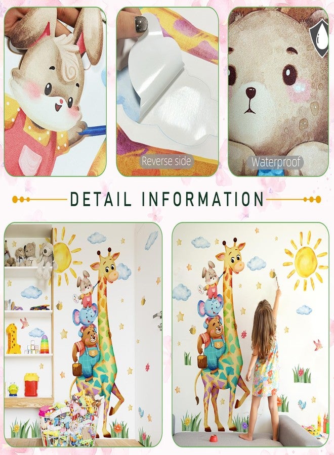 DRWSSR 2 Sheets Removable Large Watercolor Giraffe Wall Decals DIY Funny Cartoon Animal Wall Decals Peel and Stick Sun Clouds and Plants Art for Baby Nursery Playroom Bedroom Classroom Decor - Image 3