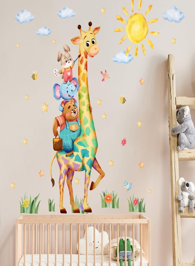 DRWSSR 2 Sheets Removable Large Watercolor Giraffe Wall Decals DIY Funny Cartoon Animal Wall Decals Peel and Stick Sun Clouds and Plants Art for Baby Nursery Playroom Bedroom Classroom Decor - Image 5