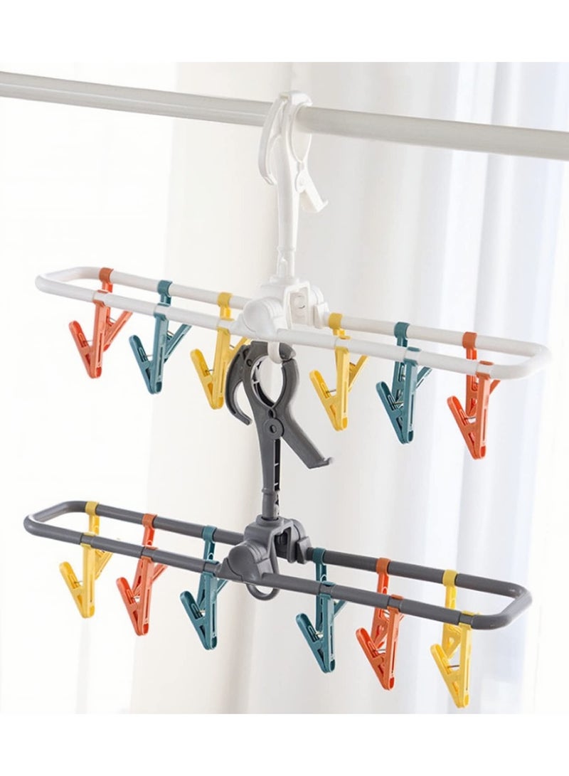 2 Pack Sock Drying Rack, with Clips,Drying Rack Clothing Foldable with 24 Sock Clips 360° Rotatable Hook for Drying Socks Towels Bras Gloves Baby Clothes Diaper Etc (17.7x3.7x8.6 inches) - Image 1