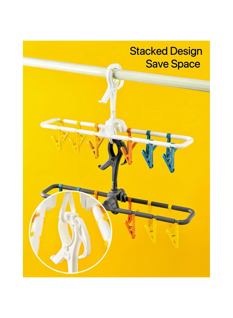 2 Pack Sock Drying Rack, with Clips,Drying Rack Clothing Foldable with 24 Sock Clips 360° Rotatable Hook for Drying Socks Towels Bras Gloves Baby Clothes Diaper Etc (17.7x3.7x8.6 inches) - Image 5