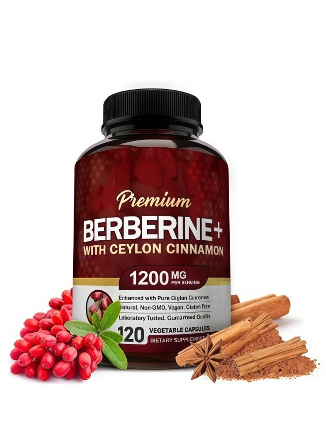 بريميم كبسولات نباتية Premium Berberine+ 1200 مجم (120 قطعة) - معززة بقرفة سيلون وكرز Ciglian النقي | دعم تغذية يومي طبيعي، غير معدل وراثيًا، نباتي وخالي من الجلوتين - Image 1