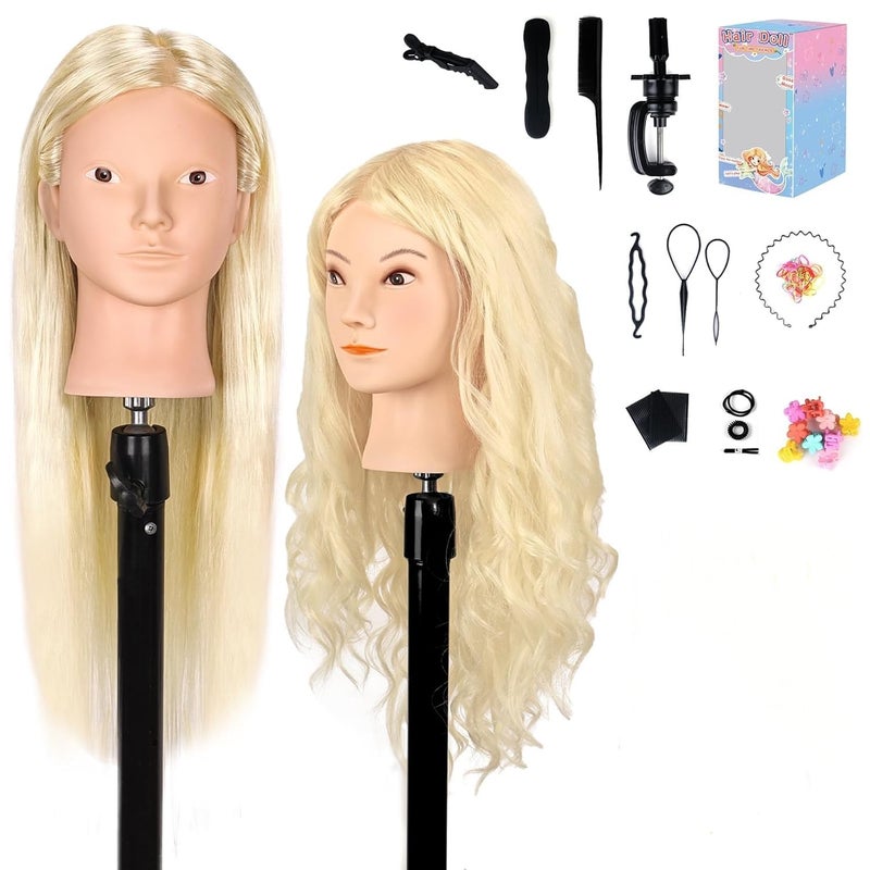 MYSWEETY 26 Mannequin Head with Hair 80 Real Human Hair Hairdresser Practice Training Head Cosmetology Mannequin Manikin Doll Head with Table Clamp Holder  DIY Hair Styling Braid Set Blonde No