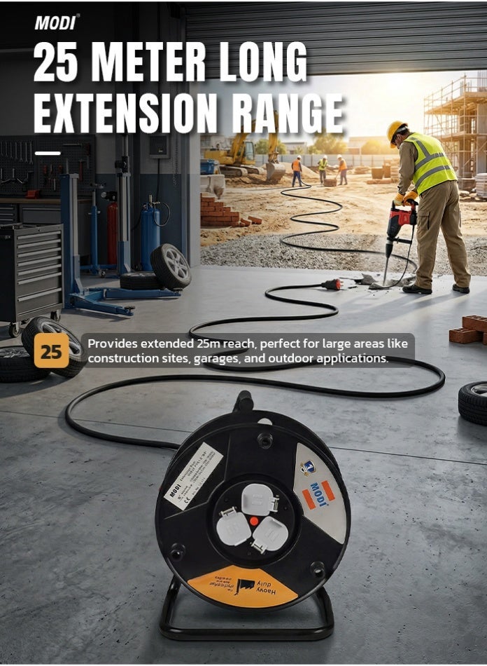 MODI 25M Heavy Duty Extension Cable Reel with 3 Sockets, 3x2.5mm², Socket Safety Shutter,Power Extension Cord for Home, Workshop & Outdoor Use - Image 1