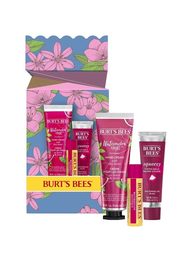 Burt's Bees Mothers Day Gifts for Mom, 3 Self Care Products, You're One in a Melon - Watermelon & Mint Hand Cream, Watermelon Lip Balm & Watermelon Rush Squeezy Tinted Lip Balm (Packaging May Vary)  - Image 1