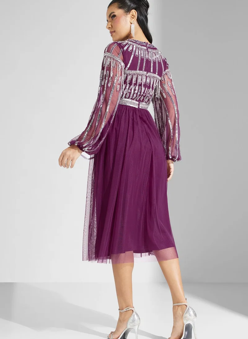 Amelia Rose Embellished Mesh Detail Dress